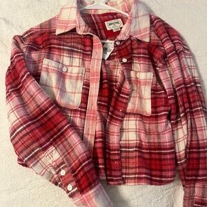 American Eagle Outfitters Red and Pink Plaid Flannel Shirt